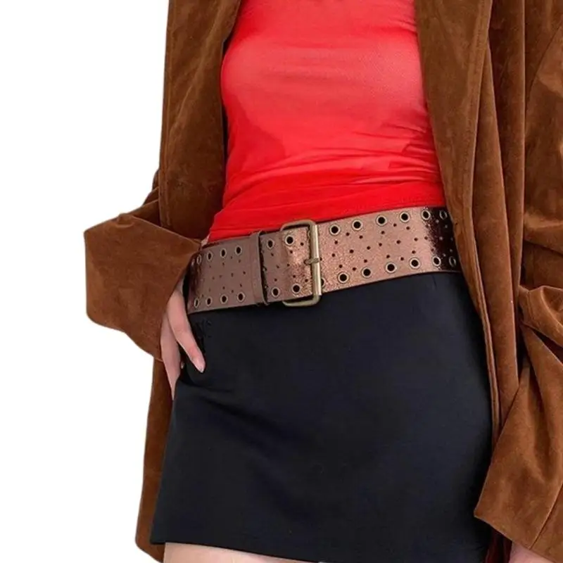 

652F Adjustable Metal Eyelet Waist Belt For Jeans Dresses PU Leather Waist Strap With Secure Pin Buckles for Club Party Wear