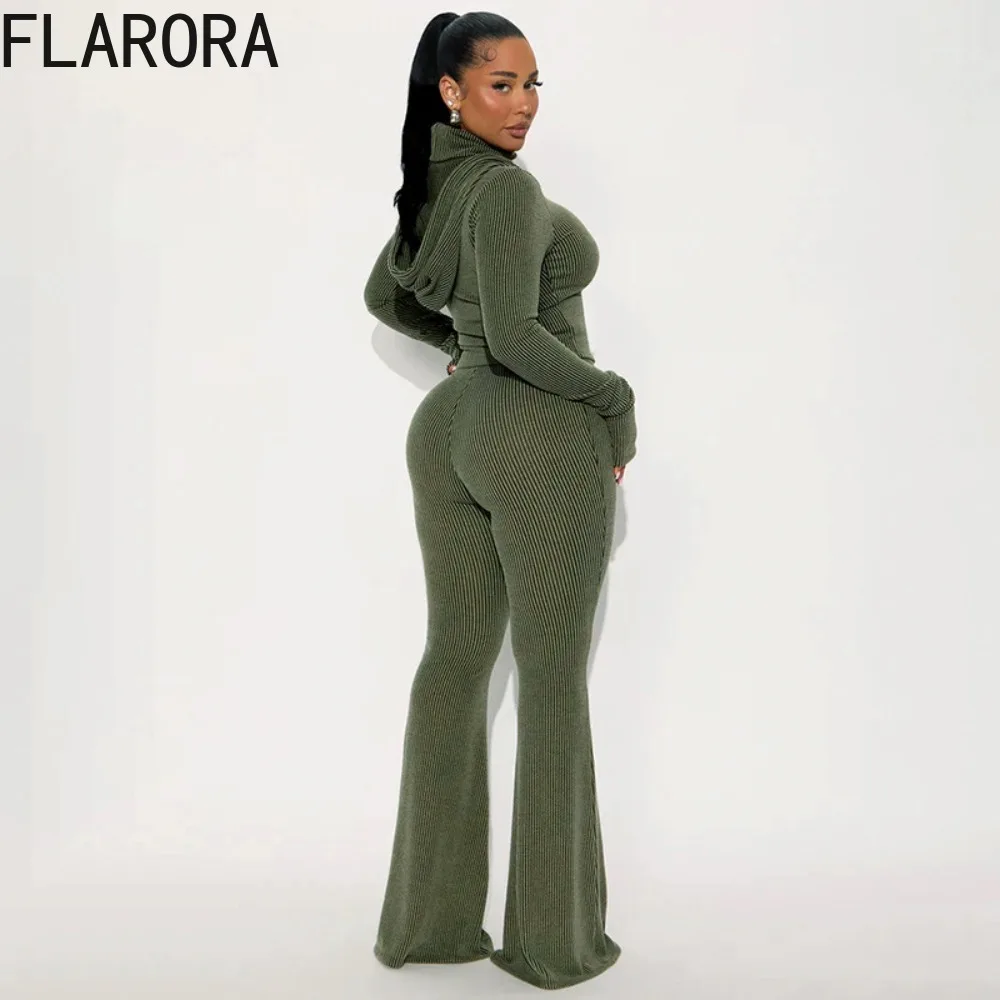 FLARORA 가을 캐주얼 스포티 2피스 세트 여성용 스트라이프 긴팔 후드 풀오버와 플레어 팬츠 패션 스트리트 트랙수트