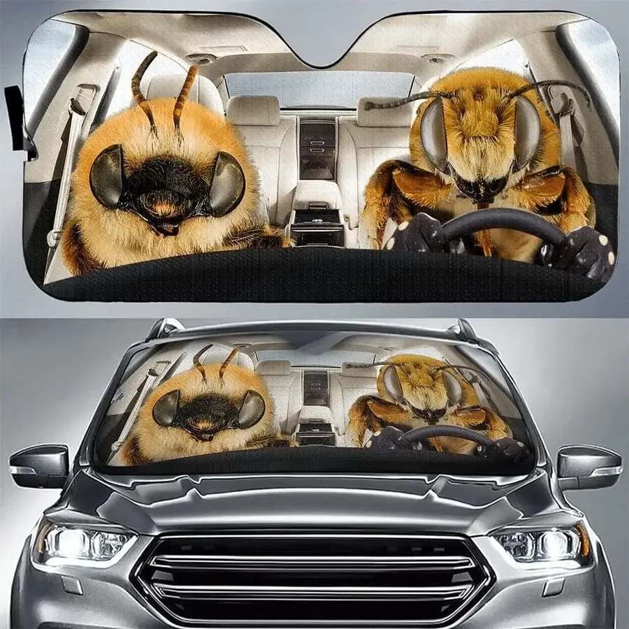Arı Çift Sürüş Soldan Direksiyonlu Araba Güneşliği, Komik Arılar Birlikte Sürüş Otomatik Güneşlik, Arıcı için Hediye, Bal Arısı Drivi