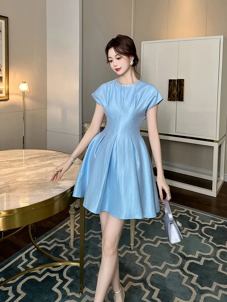 Designed Fluffy A-Line Skirt Summer New Women's French Diamond-Encrusted Round Neck Waist Satin Dress