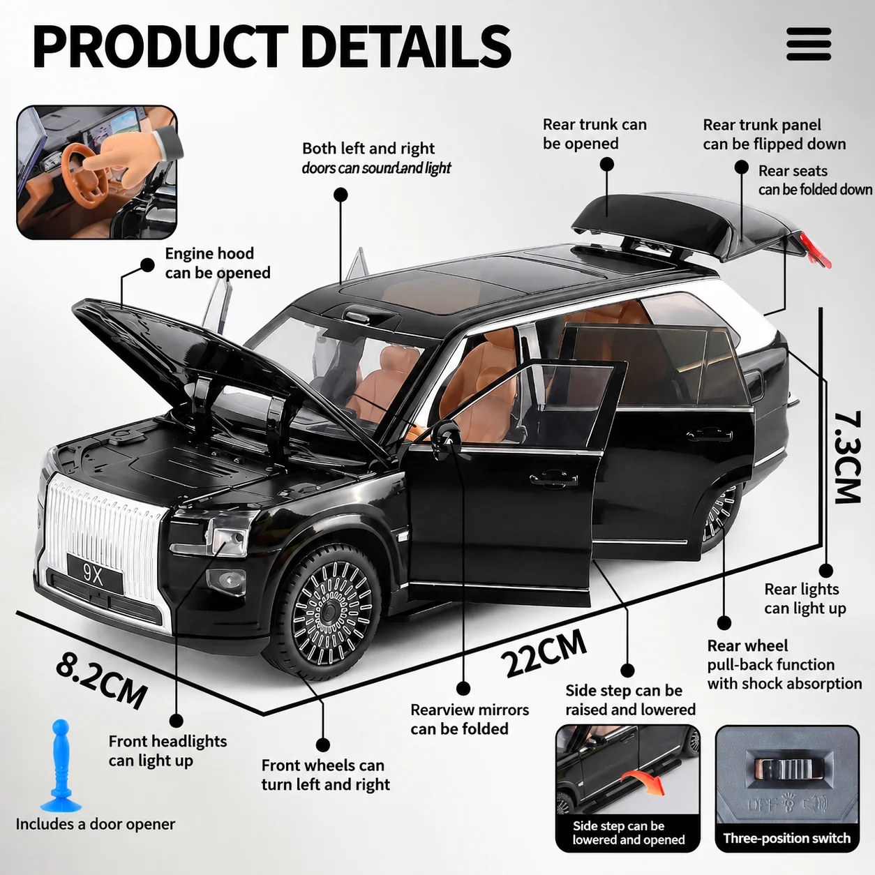 1:24 New Energy Large SUV 9X Alloy Diecast Car Model，Sound & Light，Collectible Alloy Car Model Gift for Car Enthusiasts