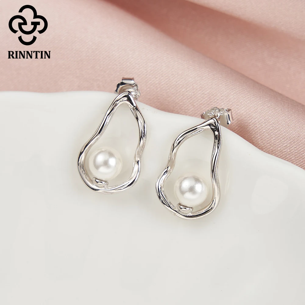 Rinntin Minimalist Geometry Hollow Shell Pearl Stud Earrings 925 Sterling Silver Fashion Party Trendy High Quality Jewelry PSE02