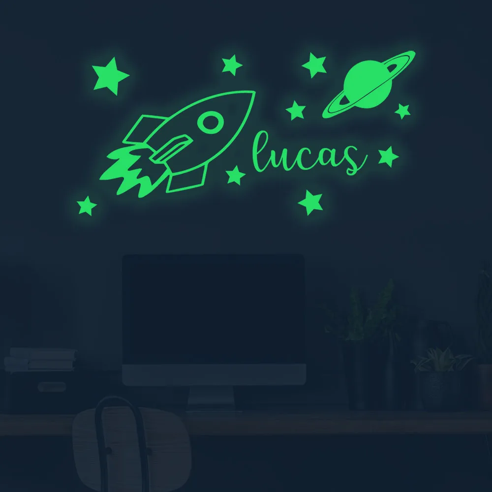 1pc Cartoon Rocket Planet Custom Name  Self Adhesive Vinyl Waterproof Wall Art Decal  Wall Decal Living Room Removable Mural