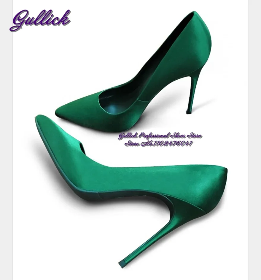 Gullick Emerald Green Satin Cloth Wedding Shoes Elegant Silk Fabric 12cm 10cm 8cm Sitletto Heel Dress Pumps Pointed Toe Shallow