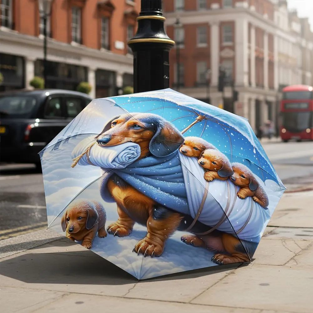 1P C Creative Dachshund Design Umbrella with Puppies Motif Print 8 Iron Ribs Folding Umbrella Auto-Open Fashion Sunshade