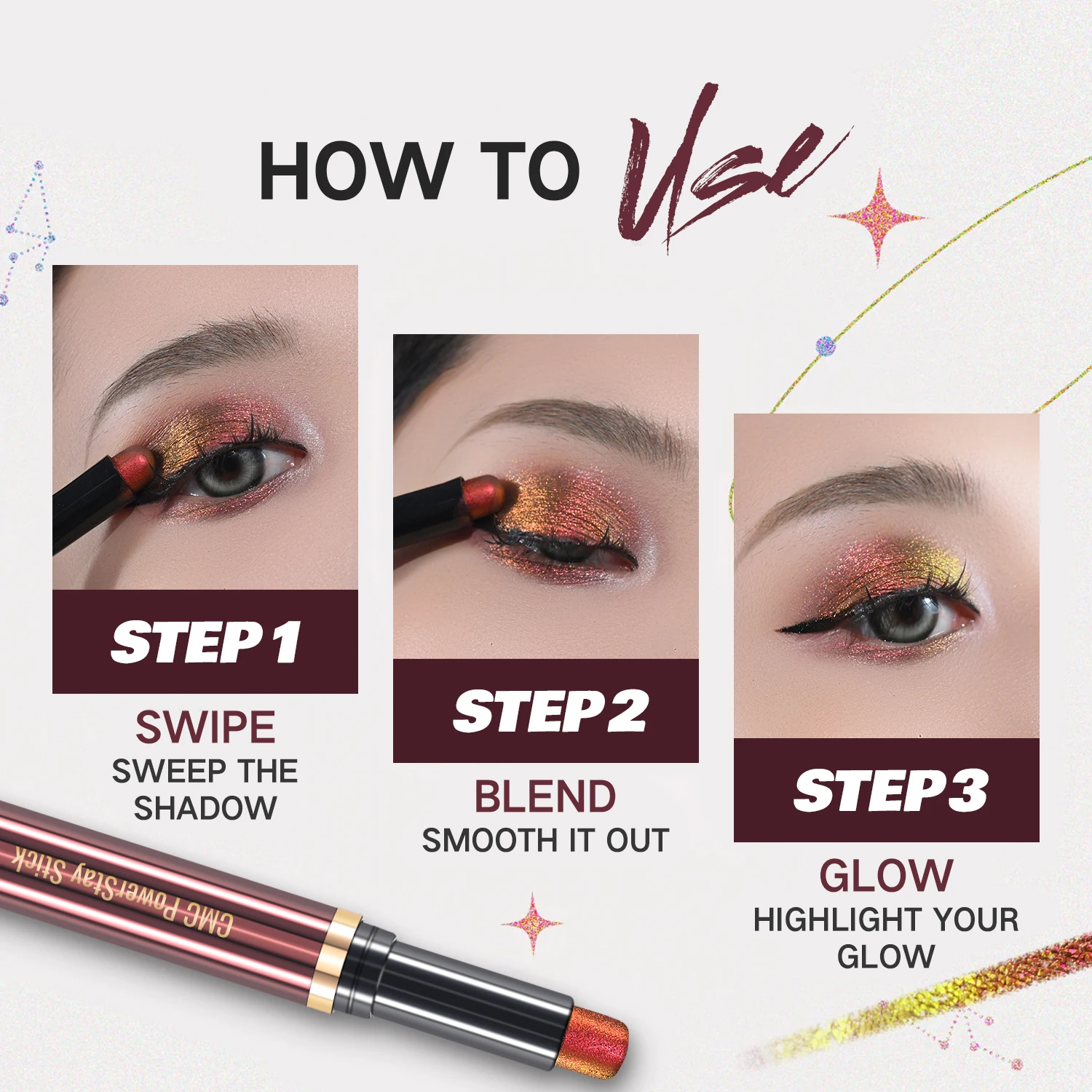 CHARMACY Multichrome Eyeshadow Stick z aplikatorem w kształcie gąbki, wodoodporny, długotrwały, brokatowy, profesjonalny makijaż oczu dla kobiet