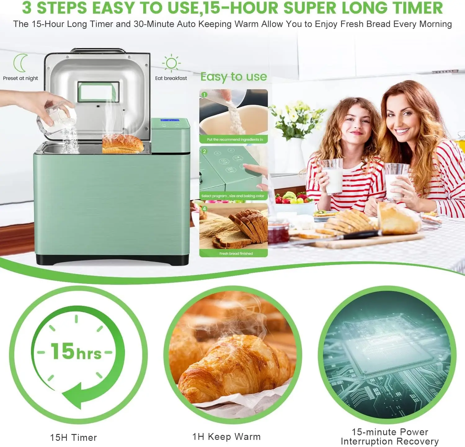 2.2LB Large Bread Maker Machine-Dual Heaters, 17-in-1 Breadmaker with Gluten-Free, Pizza Dough, Jam, Auto Nut Dispenser,Ceramic