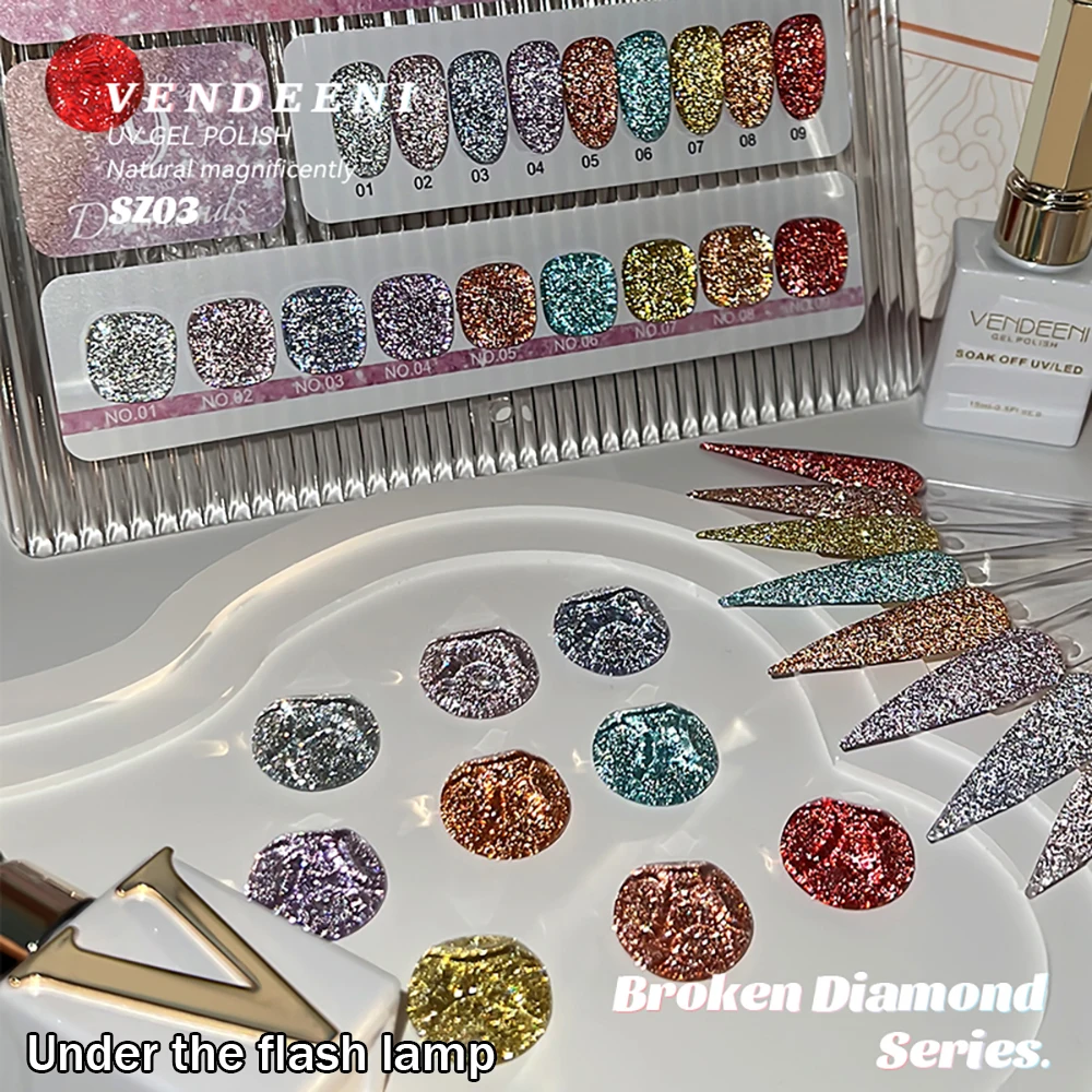 Vendeeni 9 Farben Transluzenter Diamant-Gel-Nagellack Glitzer UV LED Soak-Off Gel-Lack Flash Nail Art Gel-Lack 15ml – Detail 8