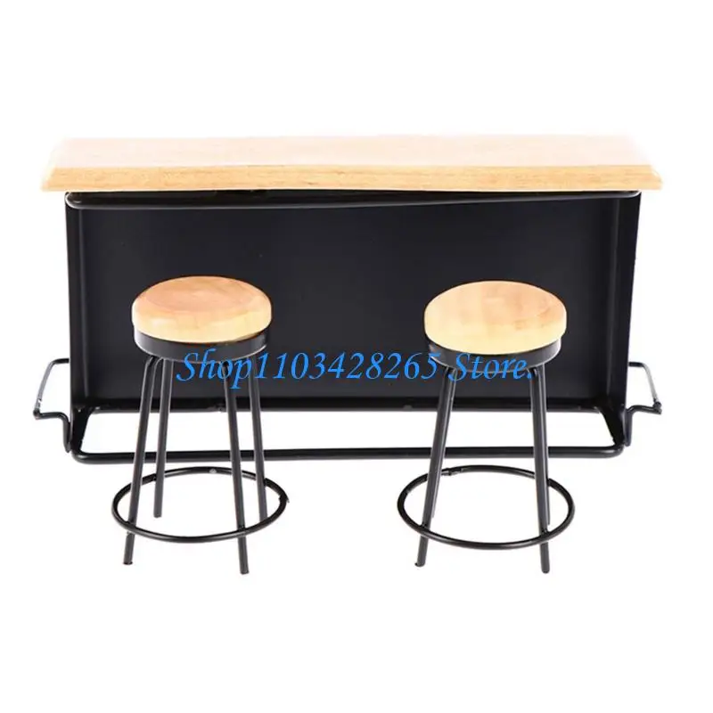 

Pack Of 3 Miniature Doll House Bar Counter Set With 2 Bar Stools Metal Frame Top Table 1/12 Model Scene Accessories G2TE