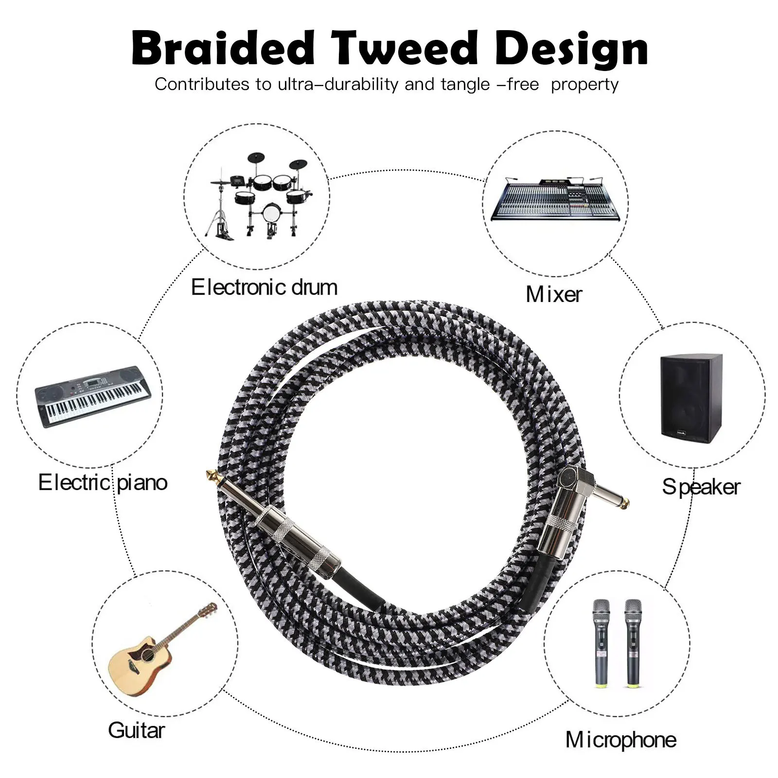 

3m Guitar Cable Braided Jackets Right Angle to Straight Premium Audio Cable for Electric Acoustic Guitar Professional Instrument