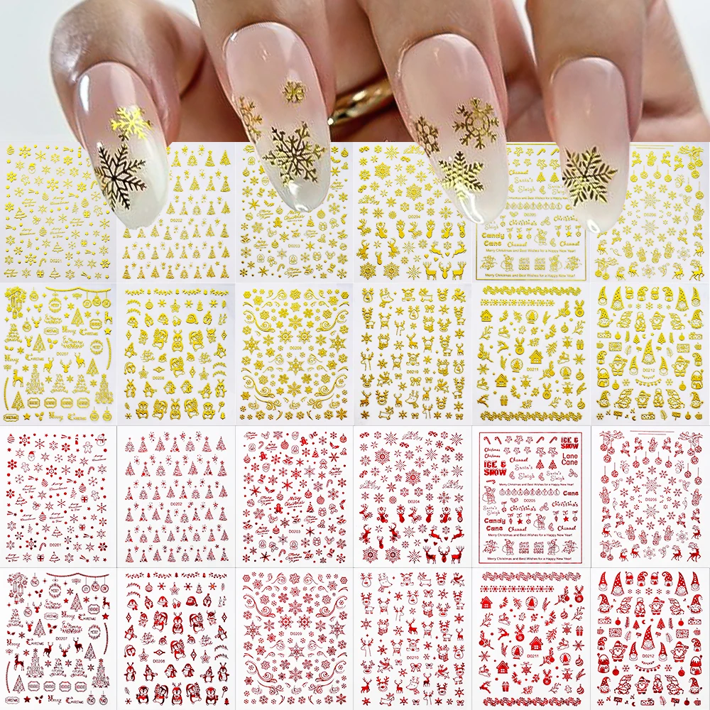 1pc 3D Goud/Rood Sneeuwvlok Nail Art Decals Kerst Ontwerpen Zelfklevende Stickers Nieuwjaar Winter Gel Folies sliders Decoraties