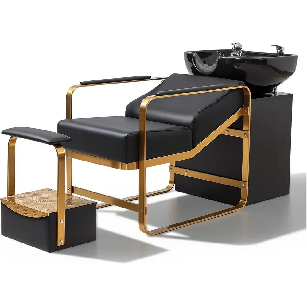 

Luxury Salon Shampoo Chair with Stainless Steel Frame, Certified Bowl & Footrest, Black & Gold Hair Washing Station for Spa & Ba