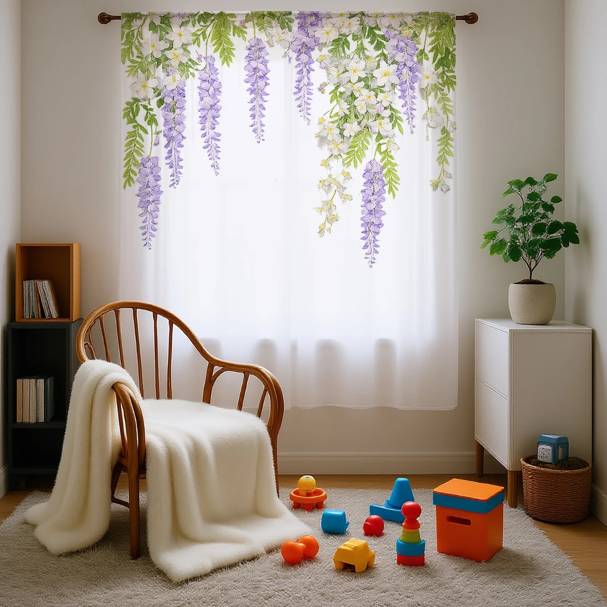 Purple Wisteria Rod Pocket Sheer Curtains, Hanging Floral Vine Voile Window Curtain for Bedroom Living Room Home Decor