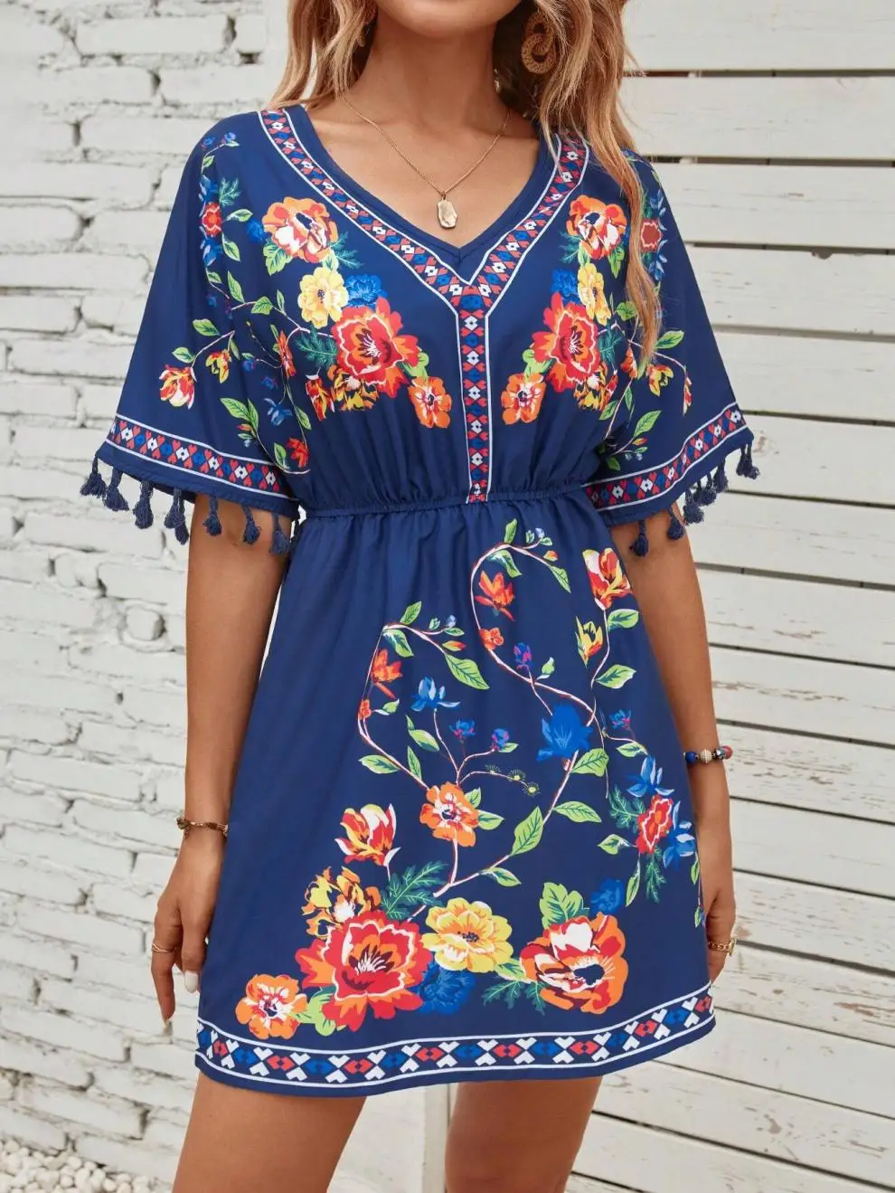 Vestido corto bohemio retro nacional romántico Su industria pesada estampado temperamento cintura shein vestido de vacaciones