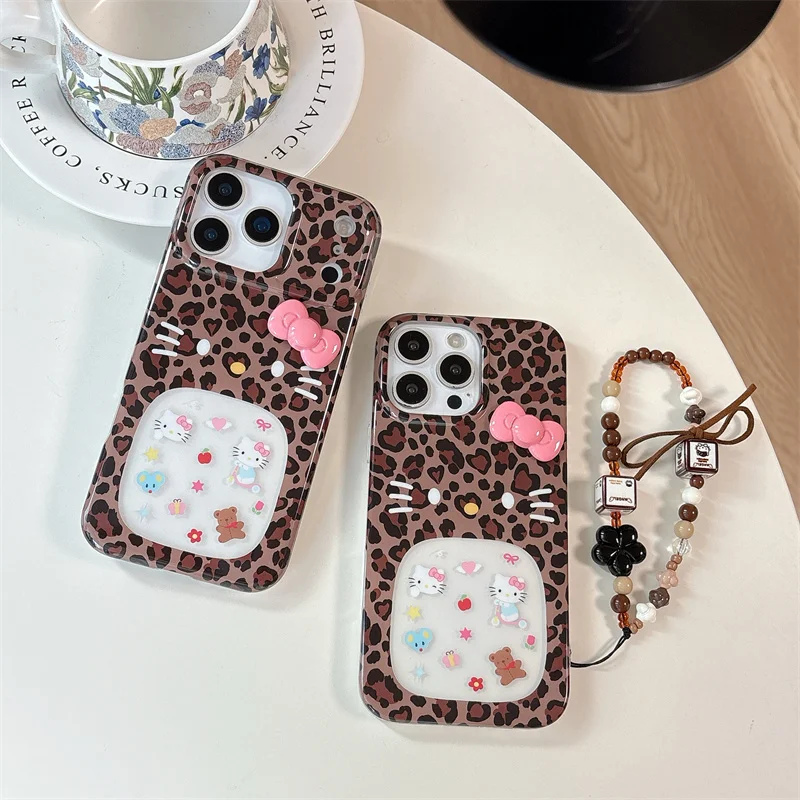 

Fashion Leopard Print Cute Hollow Hellokitty Phone Case For iPhone 17 16 Pro 15 14 Pro Max Cover with Chain Cartoon Cases