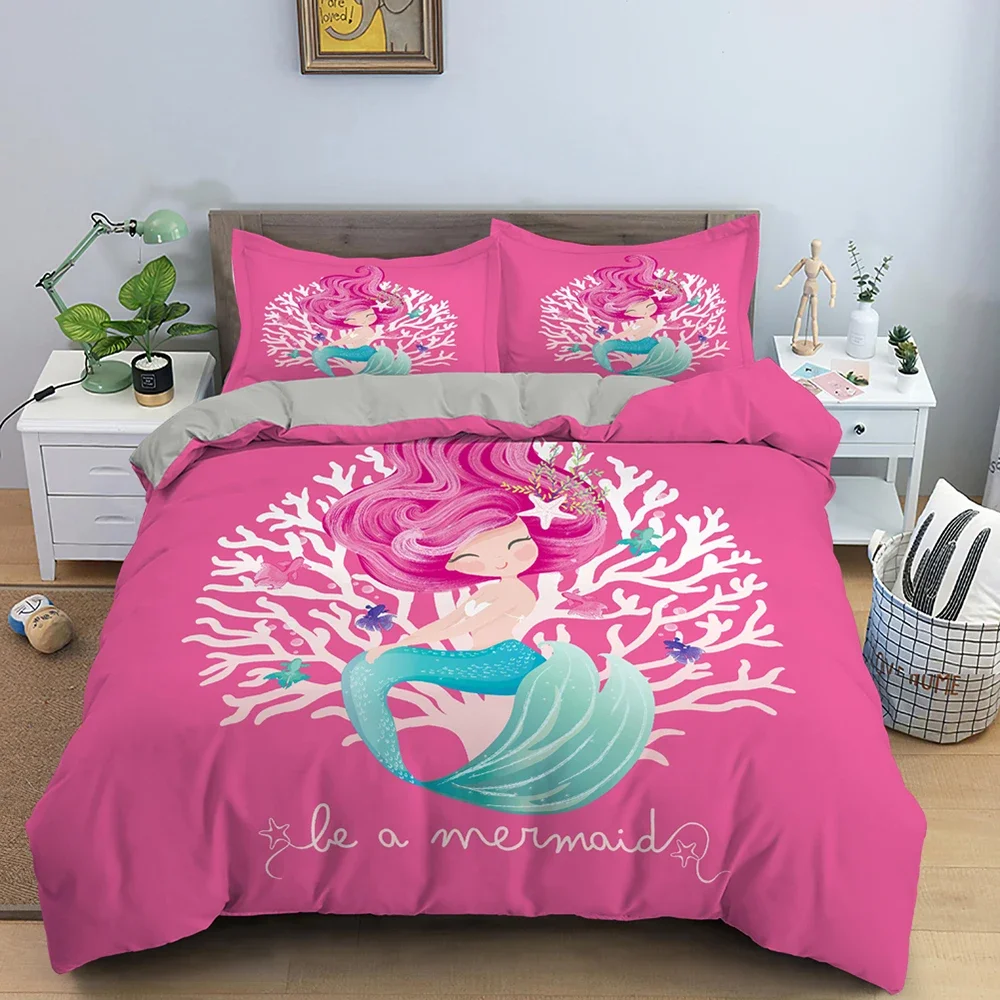 Mermaid Bedding Set For Girls Cute Cartoon Duvet Cover Comforter Covers Children Bedroom Double Queen Size Home Textile 2/3 PCS