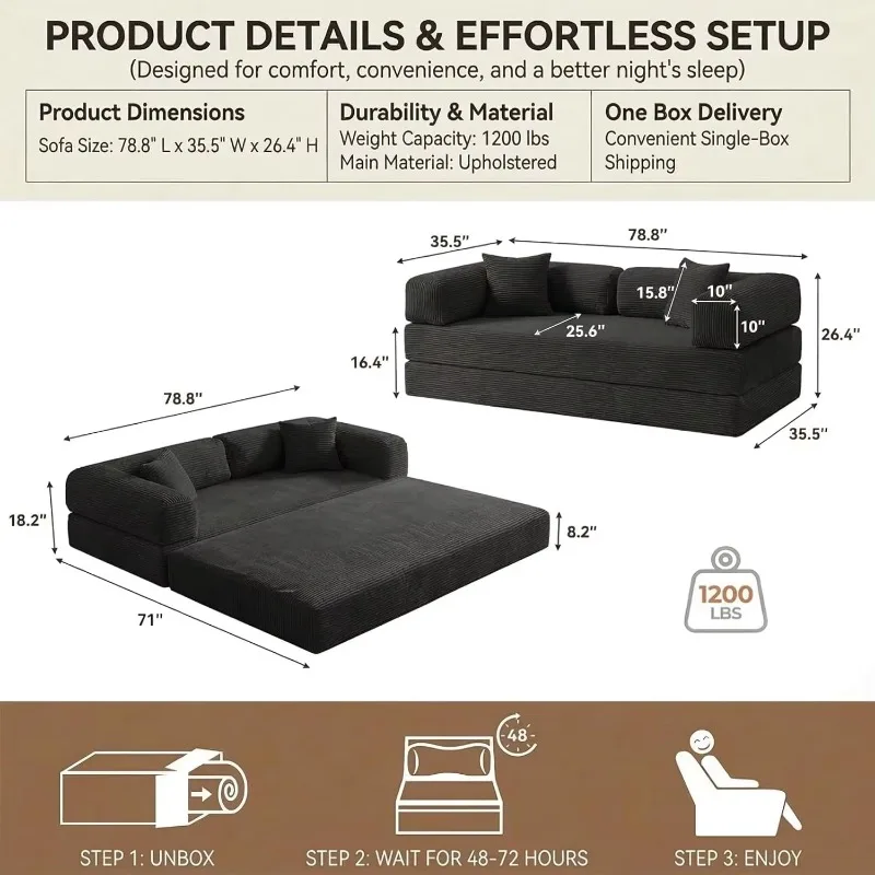 Boneless Corduroy 4-in-1 Convertible Sofa Bed,Fixed Frame Pull Out Sleeper Couch,No Assembly Multi-functional Furniture