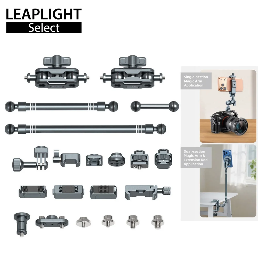 Zestaw Magic Arm LEAPLIGHT 20mm z głowicą kulową i przedłużonym ramieniem, elastyczny zestaw montażowy do lustrzanek cyfrowych, GoPro, telefonów, mikrofonów, do fotografii i vlogów.