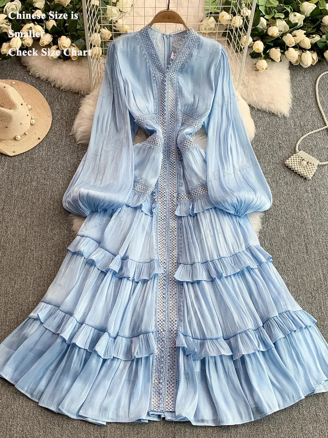 

Rhainstone Luxury Formal Evening Maxi Dress Women Summer Autumn Long Sleeve Cake Dresses Faux Silk Loose Big Size Party Vestidos