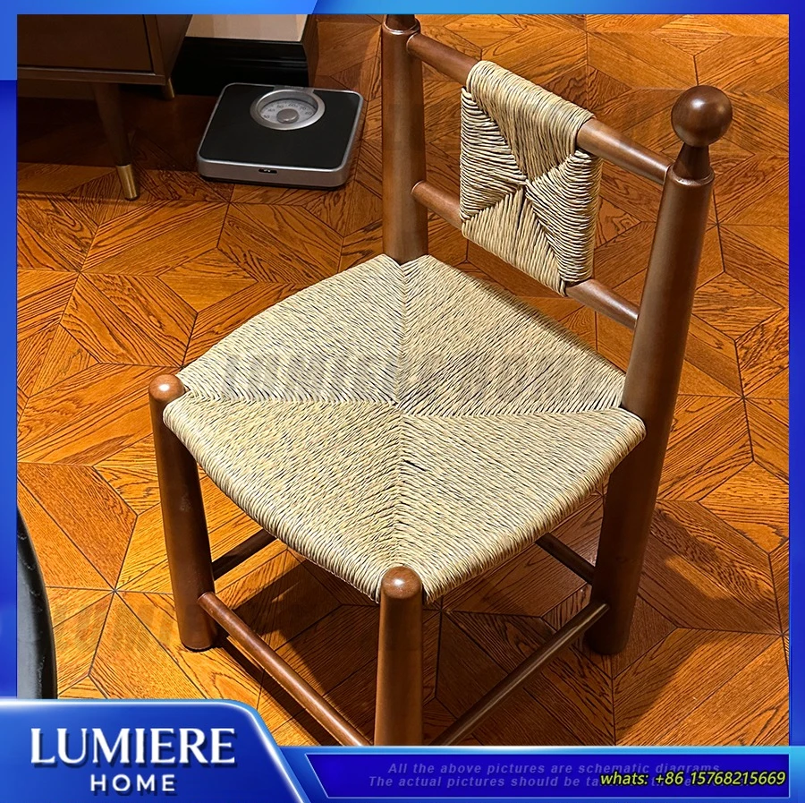 Vintage Rattan Dining Chair Solid Wood French Style Retro Cafe Chair for Living Room Study Hotel Use Comfortable Mid Century