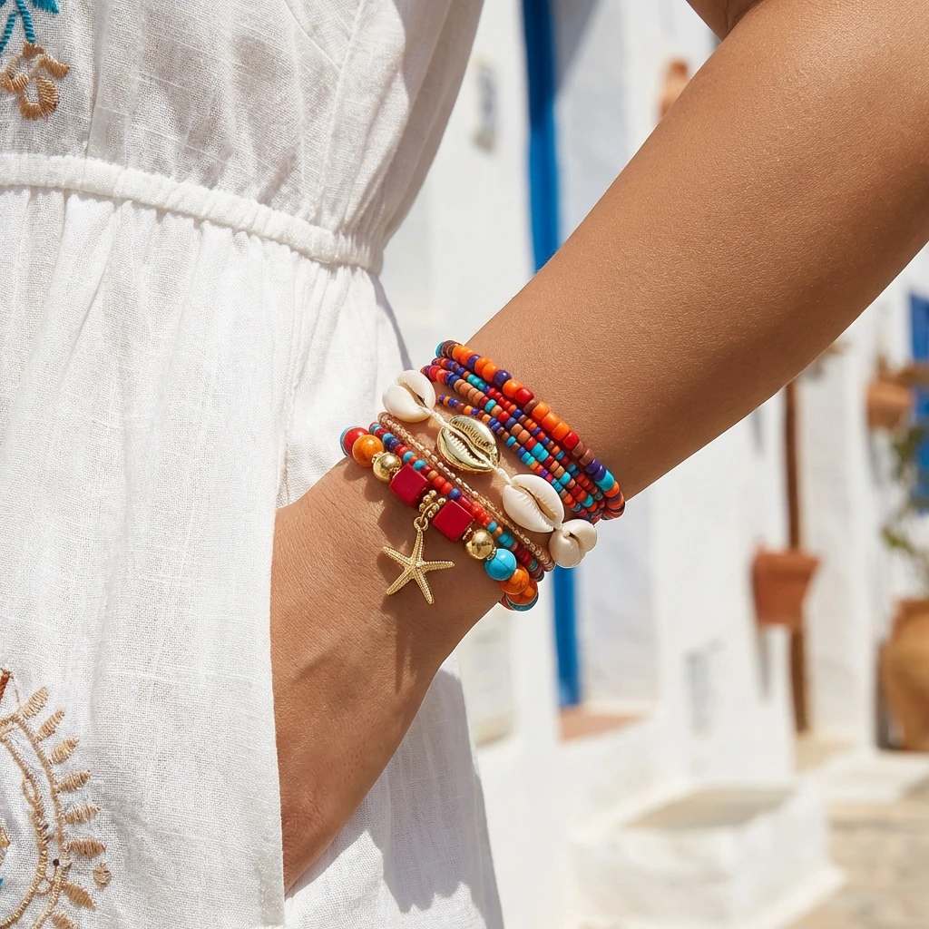 Bohemian Shell Starfish Beads Elastic Bracelet Set for Women Colorful Resin Conch Layered Bracelet Summer Party Jewelry Gift view 2