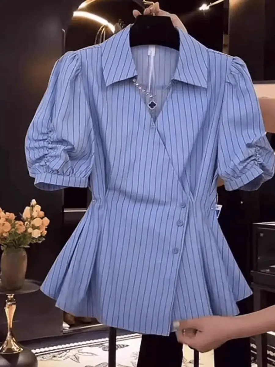 High-End European Stripe V-Neck Short Sleeve Women's Shirt Summer plus Size Design Sense Waist-Cinching Elegant Top