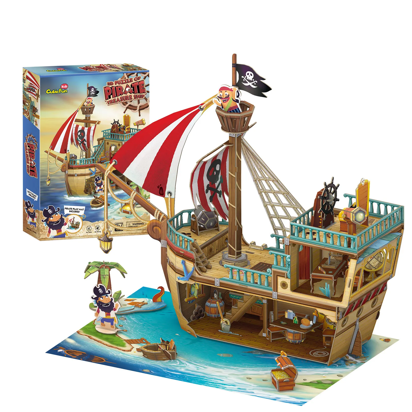 3D Puzzles 157 Pieces Pirate Treasure Ship Sailing Boat Model Kits Arts Crafts STEM Project Decoration Gift for Kids