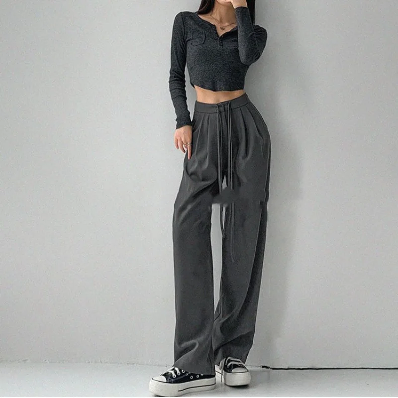 

Solid Color Loose Straight High Waist Casual Elastic Waist Drawstring Folds Korean Version Mopping the Floor Fashion Trousers