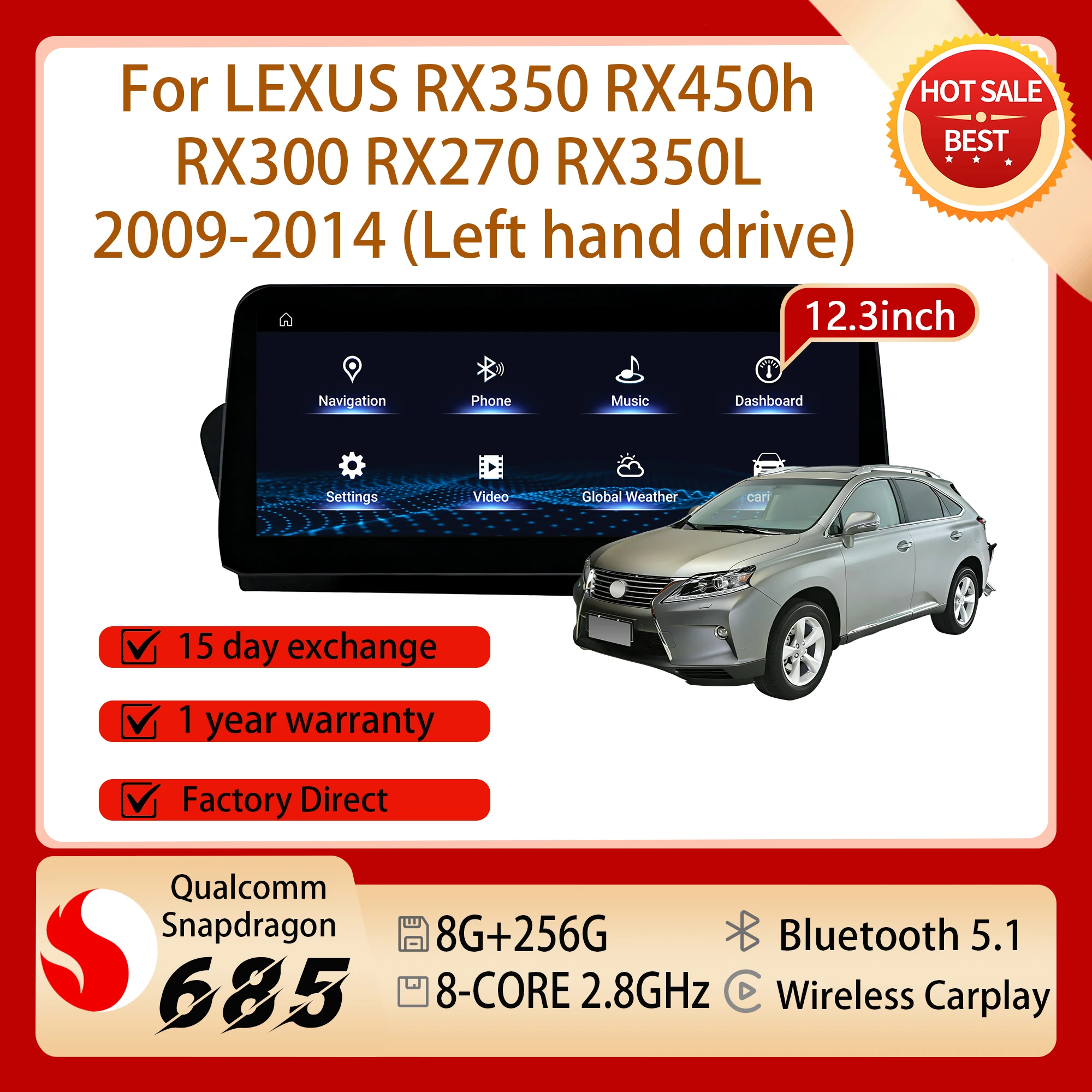 12.3'' Car Radio Touch Screen Snapdragon 685 For LEXUS RX350 RX450h RX300 RX270 RX350L 2009-2014 Carplay Android 14 GPS Navi BT