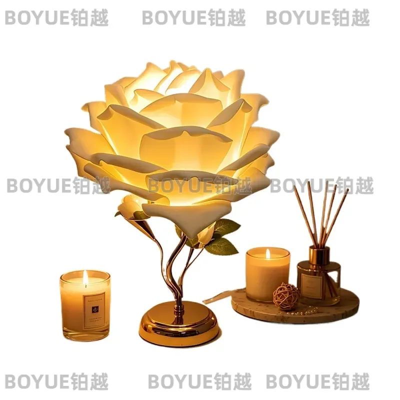 Romantic Rose Flower Table Lamp White Pink Petal Bedside Light Warm Glow for Bedroom Wedding Decor Princess Style Atmosphere