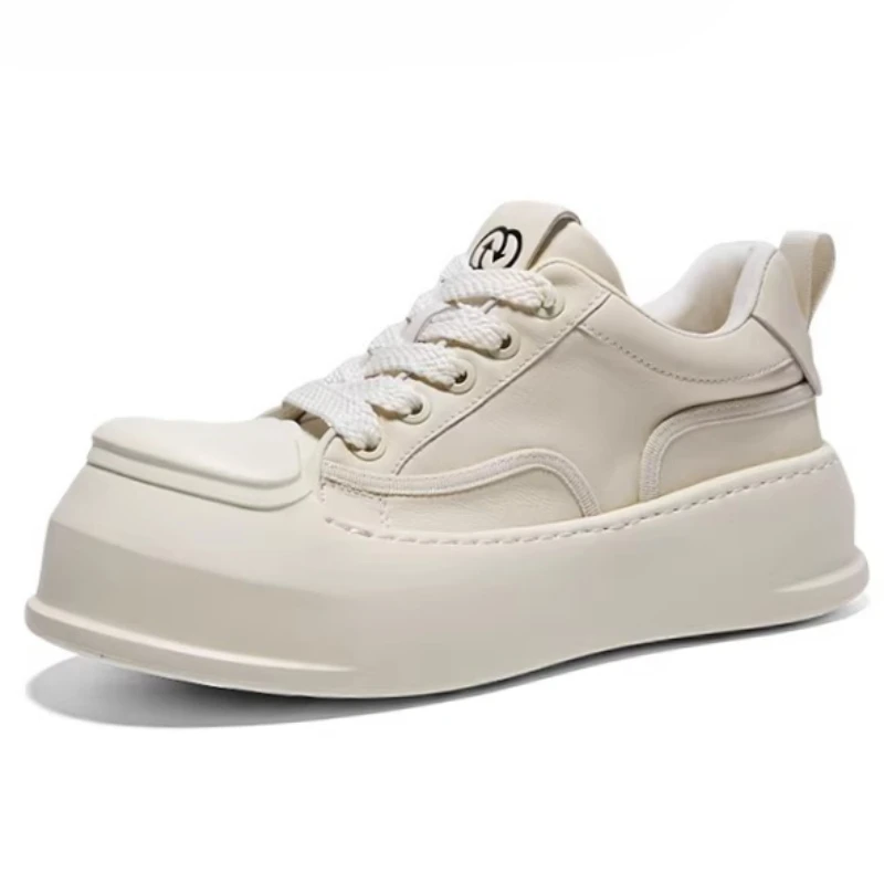 Black/White Wide Version Casual Board Shoes for Men's Genuine Leather Breathable Comfortable Thick Soled Height Increasing Shoes