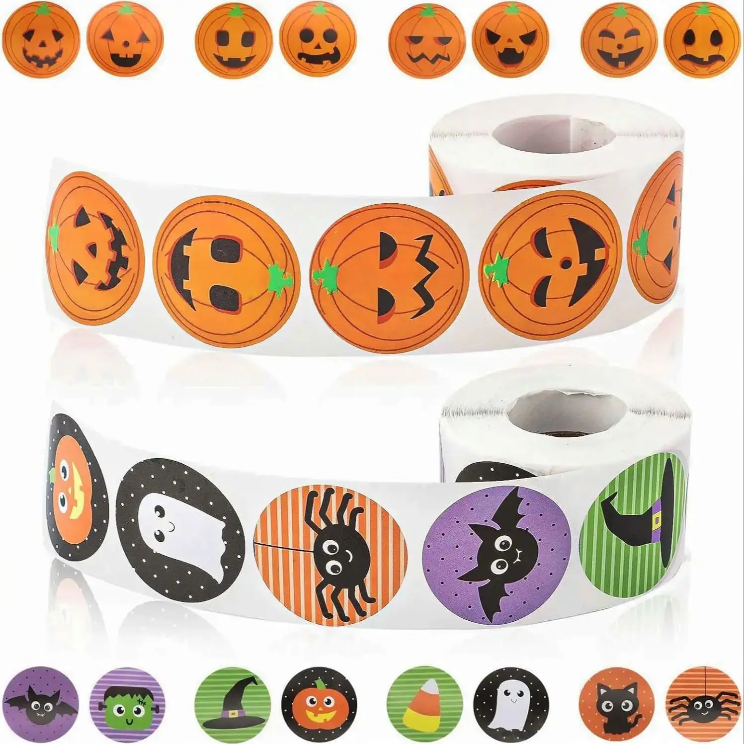 500 Stück/Rolle Halloween-Aufkleberrollen, Halloween Runde Kürbis-Geister-Aufkleber, Spinnen-Fledermaus-Katzen-Aufkleber für Partydekoration – Detail 1