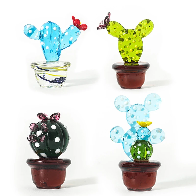 Hand Blown Cactus Glass Figurines Mini Art Glass Sculpture Decor Handmade Statue Gifts Collectible Office Desktop Ornament