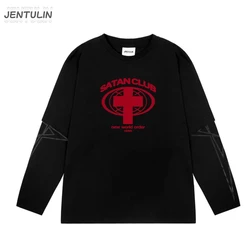 Harajuku Oversized Streetwear Men's Clothing SC Satan Club Graphic Print Hip Hop Tshirt Fake Two Pieces Long Sleeve Top Goth Y2k