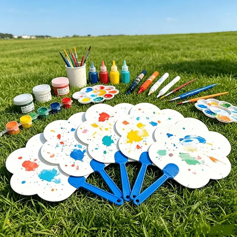10 PCS Blank White Paper Fans , Detachable Plastic Handle, Easy To Paint Paper Fan For DIY Craft Wedding Party