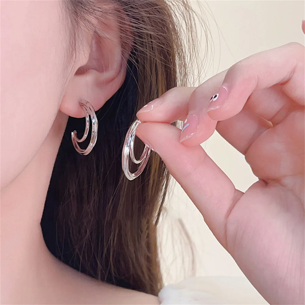 Double Decker Moon  Ear Hook Fashion Metal Personality Semicircle Earrings For Women Girls Accessories Gift