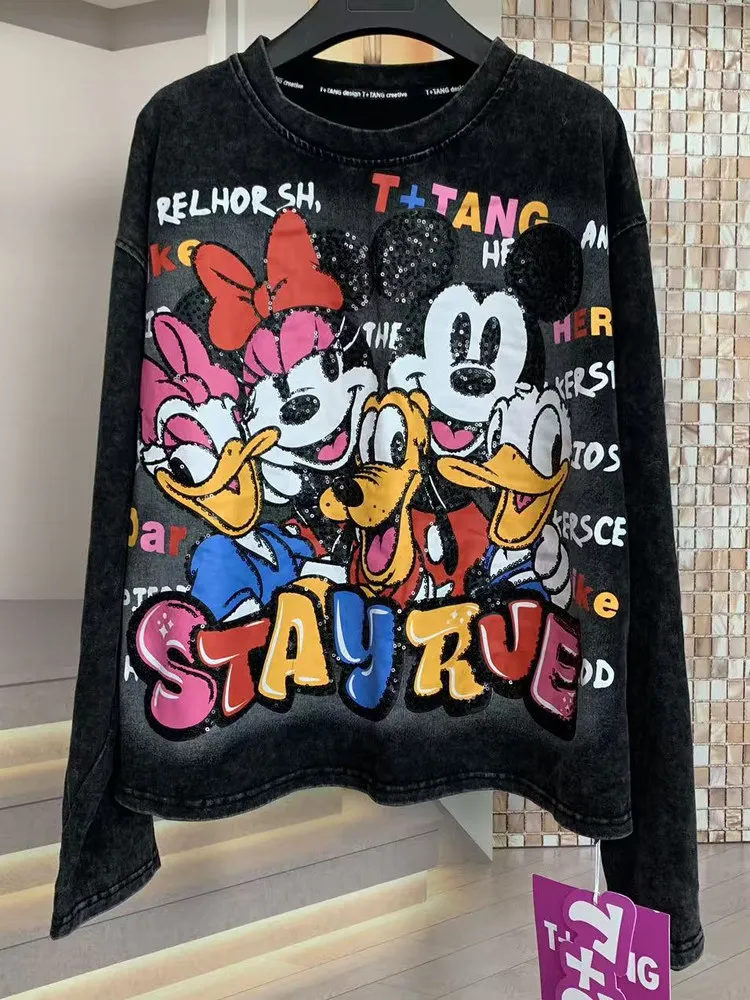 2025 Autumn Winter New Fashion Heavy Cartoon Loose Long Sleeves Sweatshirt Short Round Neck Pullover Women's Kawaii Top Clothes