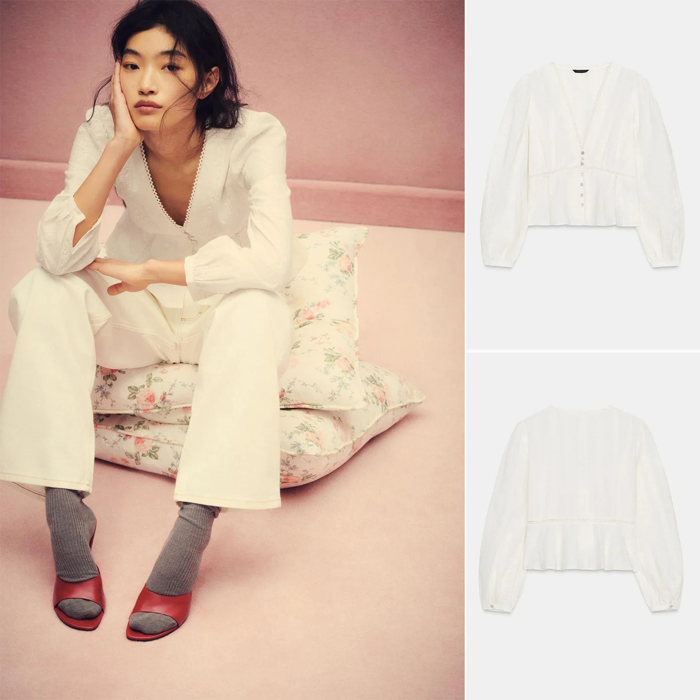 

Романтичная женская блузка свободного кроя с длинным рукавом, V-образным вырезом, вырезами и пуговицами, весенняя новинка, дышащий полиэстер