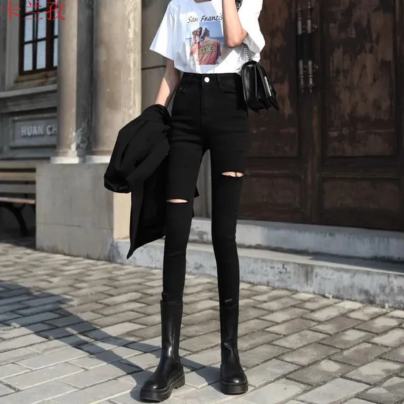 

Bla High Waist Slim Fit Jeans Women's Spring 2024 Cotton Stretch Denim Nine Points Long Pants Pencil Pants Torn Hole