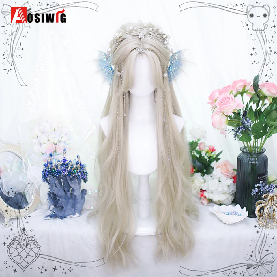 33Inch Synthetic Big wave long curly hair Milk Tea Green Lolita Wigs For Women Cosplay Wig With Bangs Halloween Daily Cosplay Us