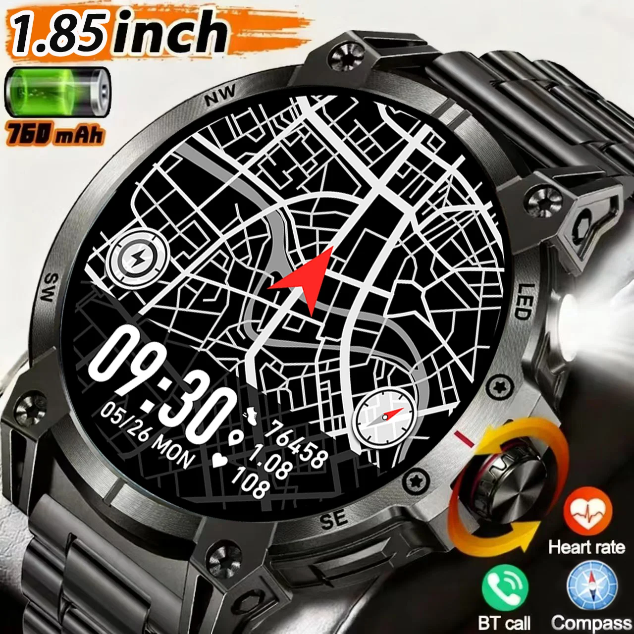 

Военные умные часы для мужчин, Bluetooth-вызов 760 мАч, светодиодный фонарик, компас, большой экран 1,85HD, частота сердца. Артериальное давление, водонепроницаемость IP68