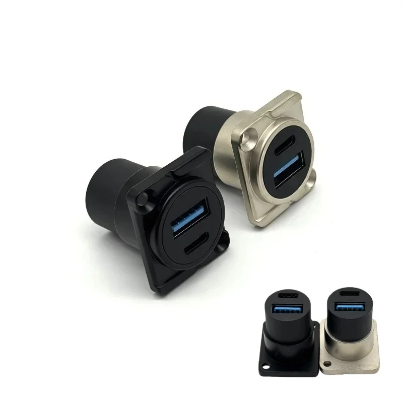 Dual USB Type-A Female Socket D-Type Module Expansion Installation with Fixed Type-C Panel, Solderless Through Socket Connector.