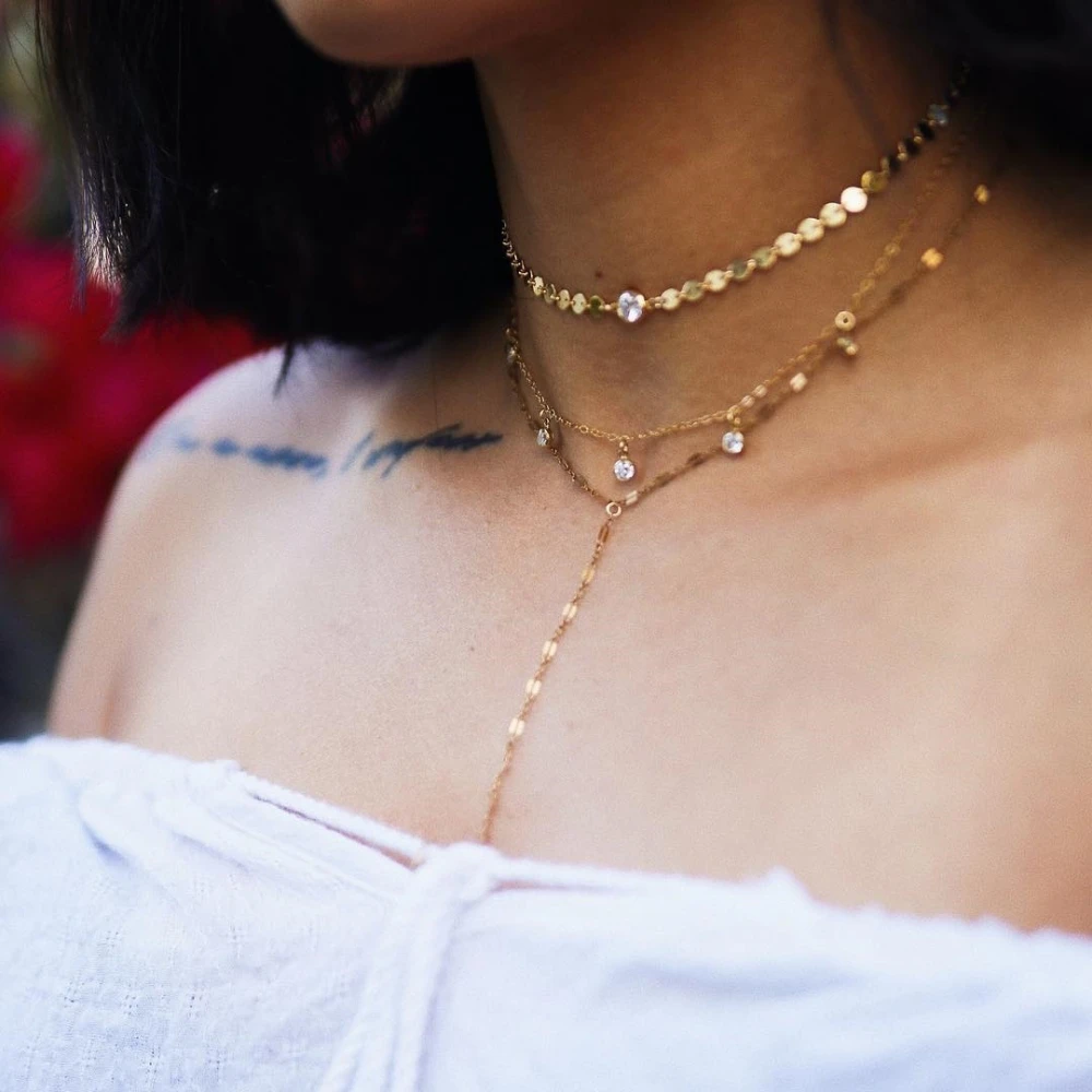 Vintage Jewelry Gold color Multiple layers Sheet Chain With Crystal Necklace For Women Boho Necklace Fashion Couple Lovers'