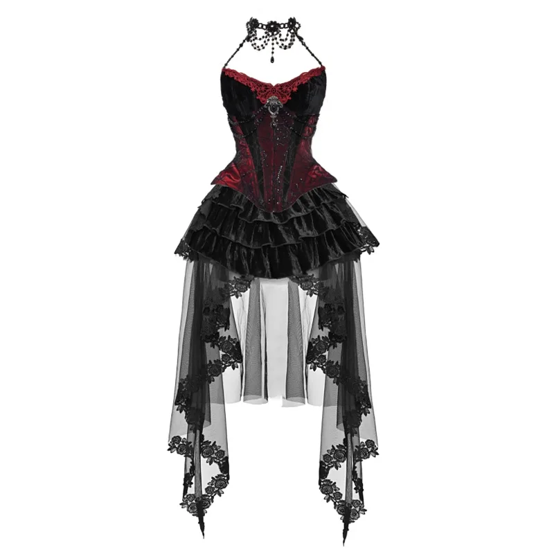 Original Duquesa Gothic Velvet Dress Set, Fishbone Cintura, Vestido de Halloween, Grunge Bead Neck, Preto, Saia Deslizamento Vermelho, Suprimento de