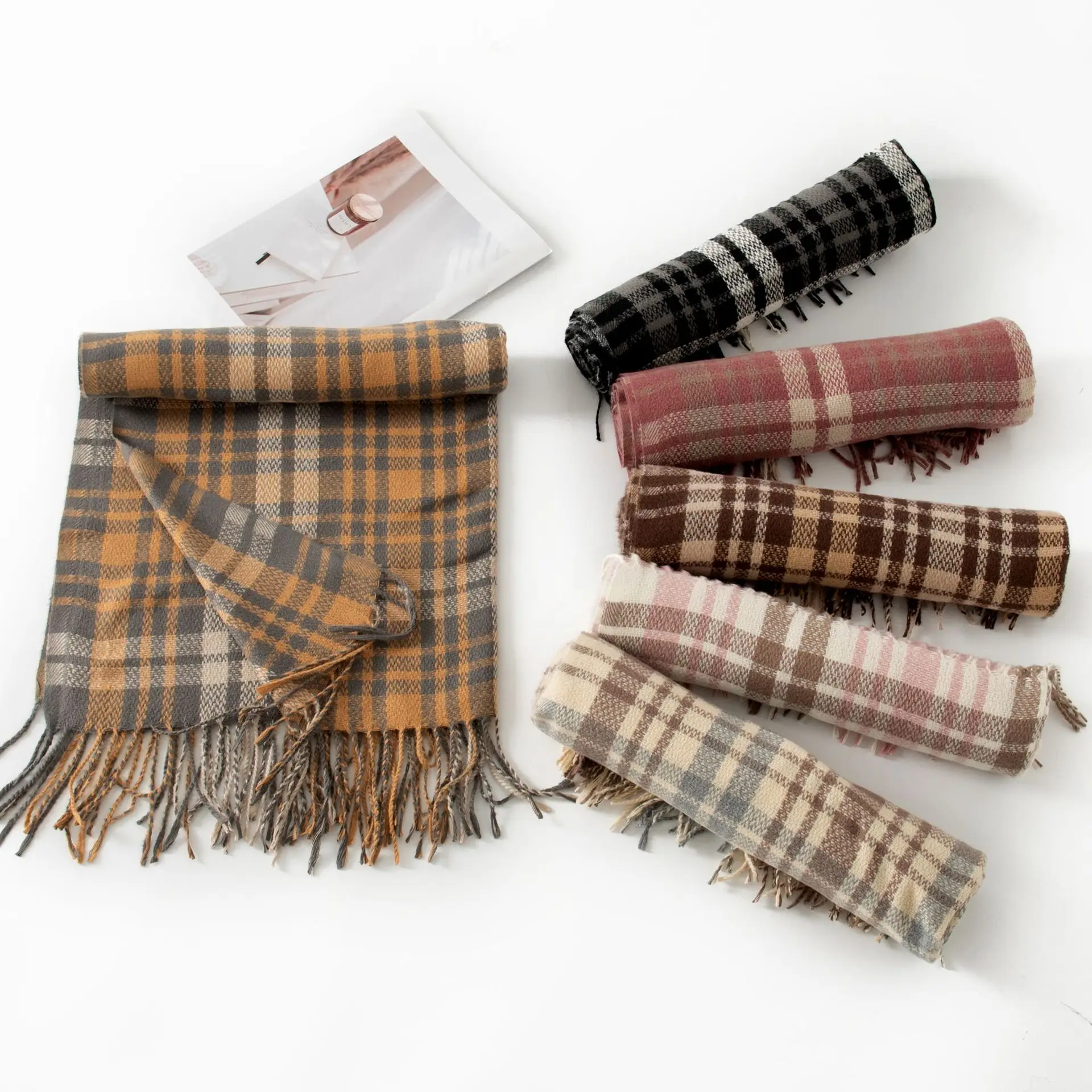 New Cashmere-like Plaid Scarf Women Autumn Winter Warm Shawl Hijab Soft Lightly Hair Wrap Fashionable Versatile Head Scarves