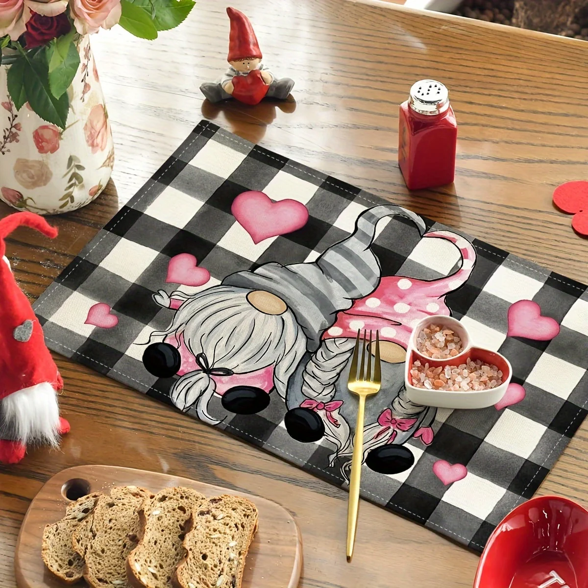 Pink Buffalo Plaid Heart Heat Resistant Washable Table Placemats Birthday Party Dining Decor 4 Piece Set