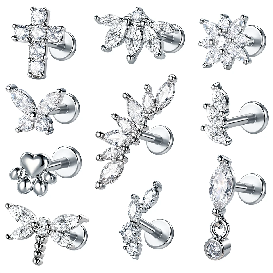 1/5Pcs Stainless Steel Cartilage Stud Earrings Women Internally Thread Marquise Zircon Tragus Helix Piercings Labret Jewelry 16G
