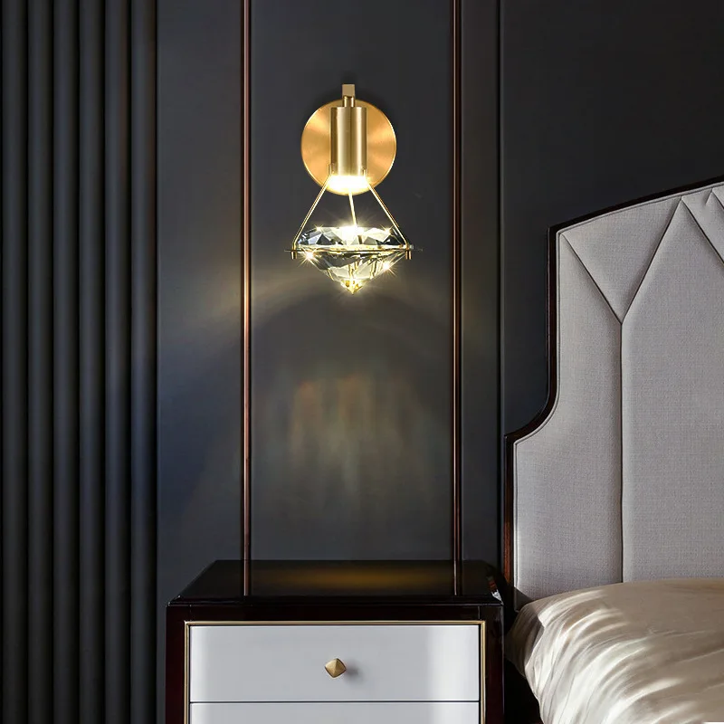 Postmodern Copper Wall Lamp Luxury Crystal Bedroom Bedside Nordic Creative Diamond Living Room Background Lighting