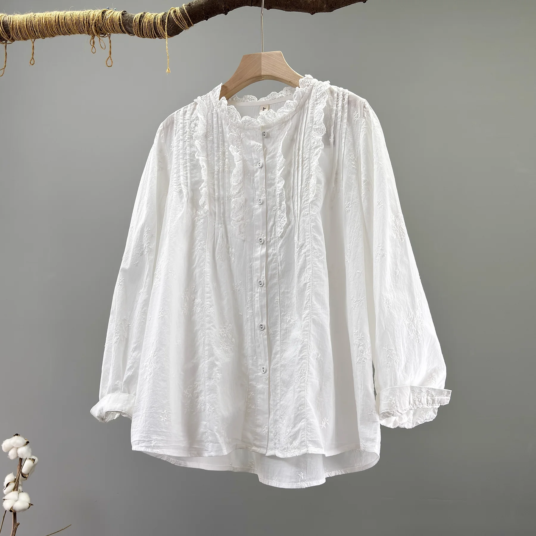 Enianechu 100% cotone Lady Top e camicette Colletto alla coreana Camicie a pieghe con volant Camicette a maniche lunghe per donna Abbigliamento Boho