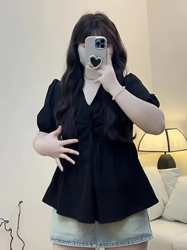 Damska koszulka plus size w stylu vintage z falbanką, dekoltem w serek, wyszczuplająca, w stylu koreańskim, do pracy, o regularnym kroju.